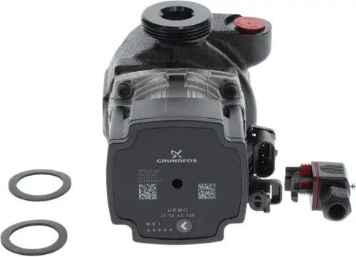 Wasserspeicherpumpe der Marke Bosch mit zwei O-Ringen. Die Pumpe hat elektrische Anschlüsse auf der linken Seite und einen Anschluss ohne sichtbaren Schlauch auf der Oberseite.
